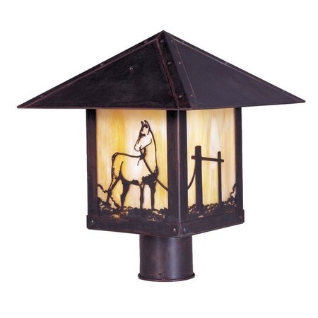 Arroyo Craftsman 9" Timber Ridge Post Mount With Deer Filigree, Raw Copper, Rain Mist Glass TRP-9DRM-RC